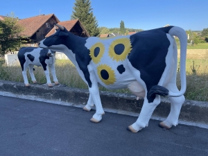 Deko Kuh mit Sonnenblumenmotiv schraeg von hinten