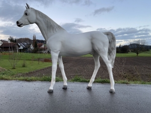 Deko Pferd weiss als Gartenfigur in natuerlicher Umgebung.