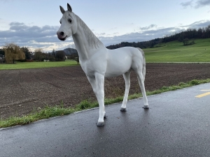 Gartenfigur Pferd weiss in einer schraeg vorderen Ansicht.