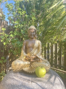 Gesamtansicht der sitzenden Buddhafigur