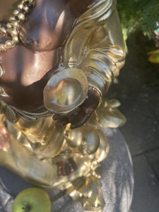 Goldene Buddhafigur mit Lupendetail