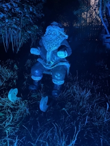 Kleiner Deko Weihnachtsmann Schlitten blau beleuchtet im Garten.