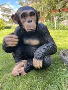 Schimpanse Dekofigur von vorne im Gras