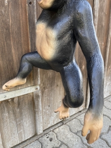Rueckansicht der haengenden Schimpansenfigur.