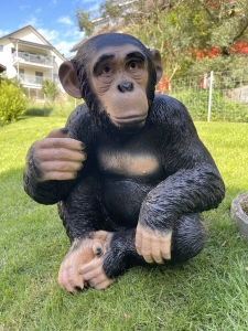 Sitzende Schimpansenfigur als Gartenfigur auf Rasen