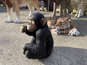 Sitzende Schimpansenfigur in seitlicher Ausstellungsperspektive