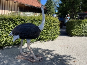 Straussenfigur 210 cm hoch in schraeger Ansicht auf der Terrasse.