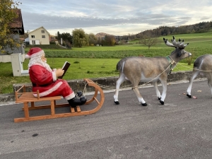 Weihnachtsdeko Rentiergruppe mit Schlitten von der Seite.